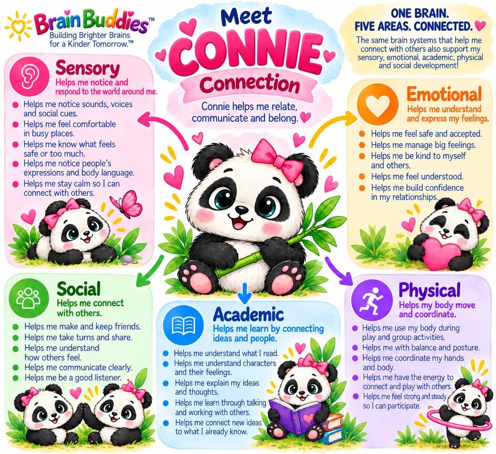 Connie the panda, Brain Buddy for Connection, educational character artwork